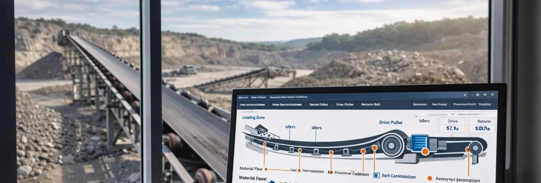 AI generated image showing a computer screen and a window overlooking a conveyor belt