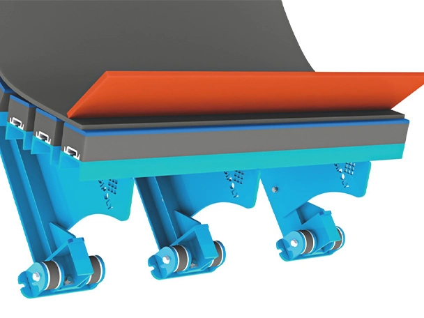 Rubber or polyurethane strips clamped at loading point or belt length