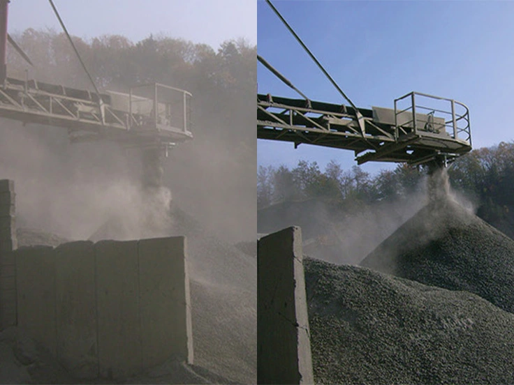Conveyor belt discharge area with and without dust suppression