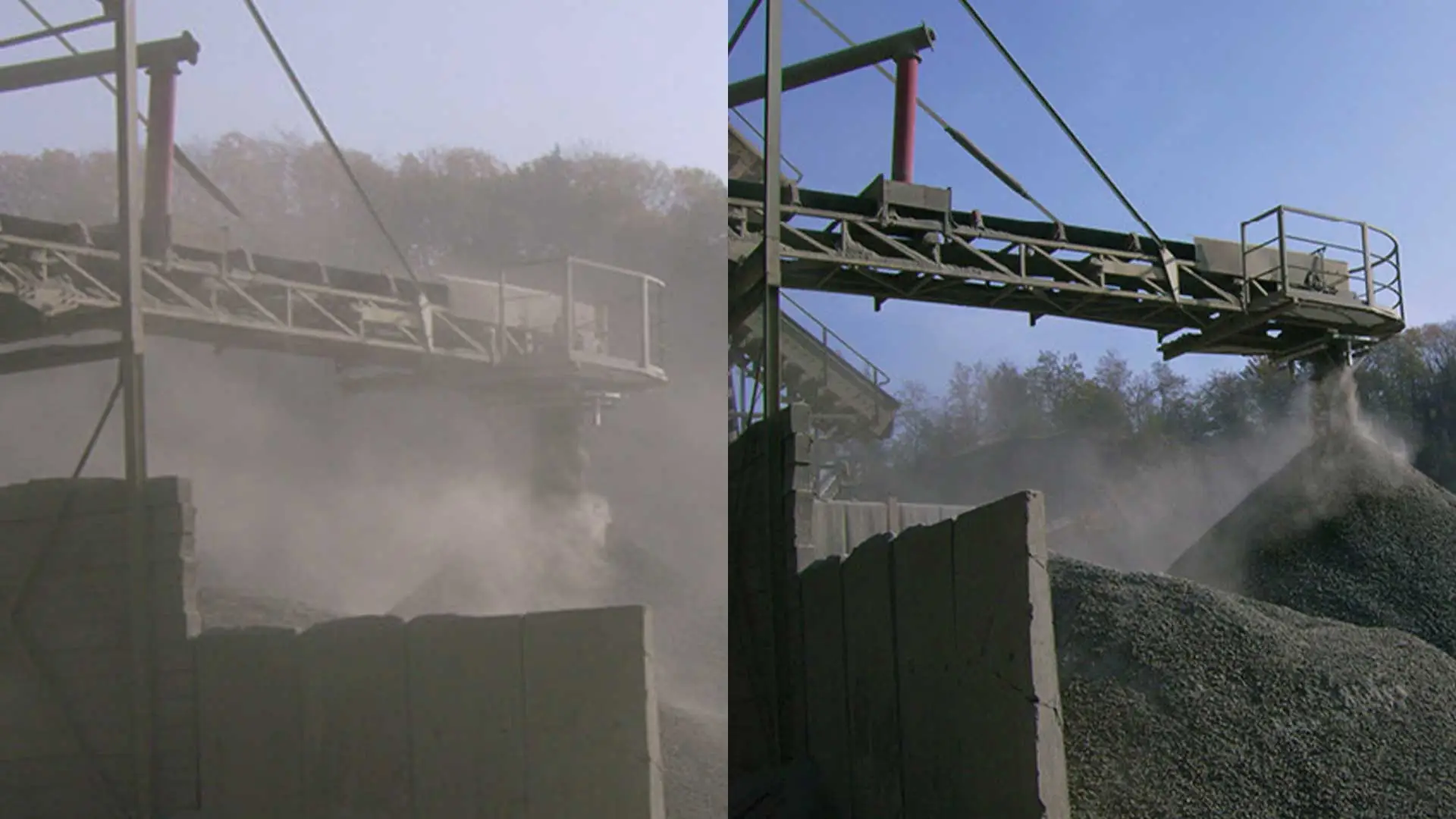 Conveyor belt discharge area with and without dust suppression