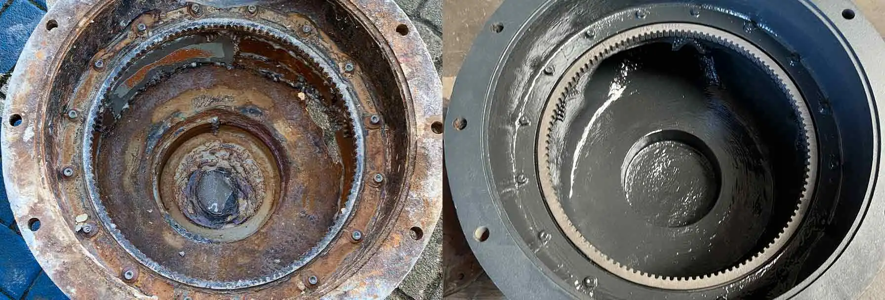 Pump housing before and after treatment with Nomig wear protection coating