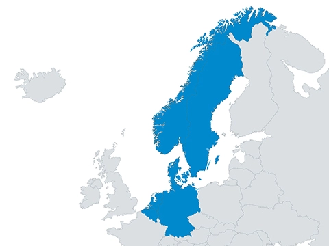 Länderkarte von Europa mit Lutze Ländern in blau eingefärbt.