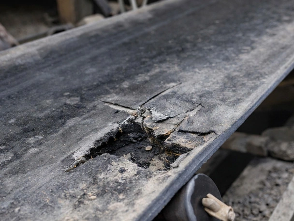 A tear in a rubber conveyor belt